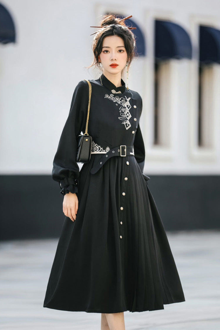 Black Mysterious Long Sleeves Chinese Style Single Breasted High Waisted Print Hanfu Dress - Product - 4