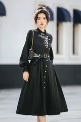 Black Mysterious Long Sleeves Chinese Style Single Breasted High Waisted Print Hanfu Dress - Product - 4