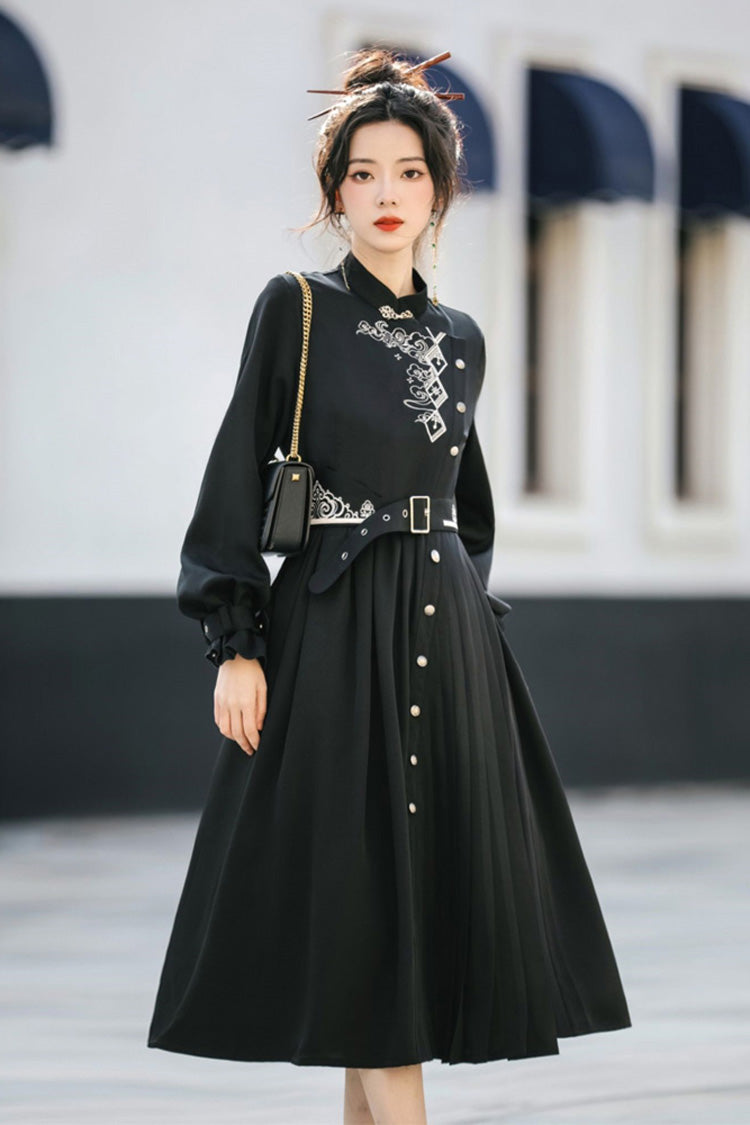 Black Mysterious Long Sleeves Chinese Style Single Breasted High Waisted Print Hanfu Dress - Product - 4