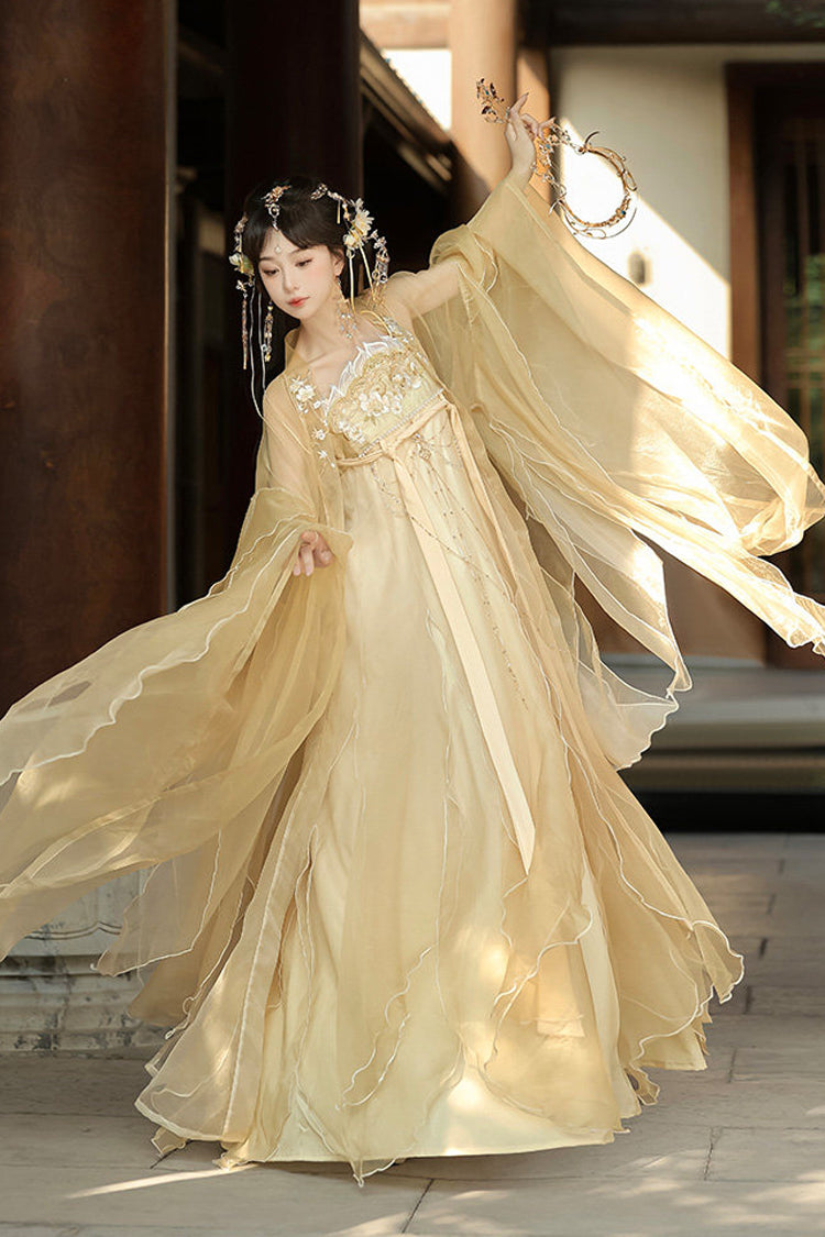 Yellow [Dancing] Hime Sleeves High Waisted Embroidered Women's Classic Hanfu Dress Set - Product - 4