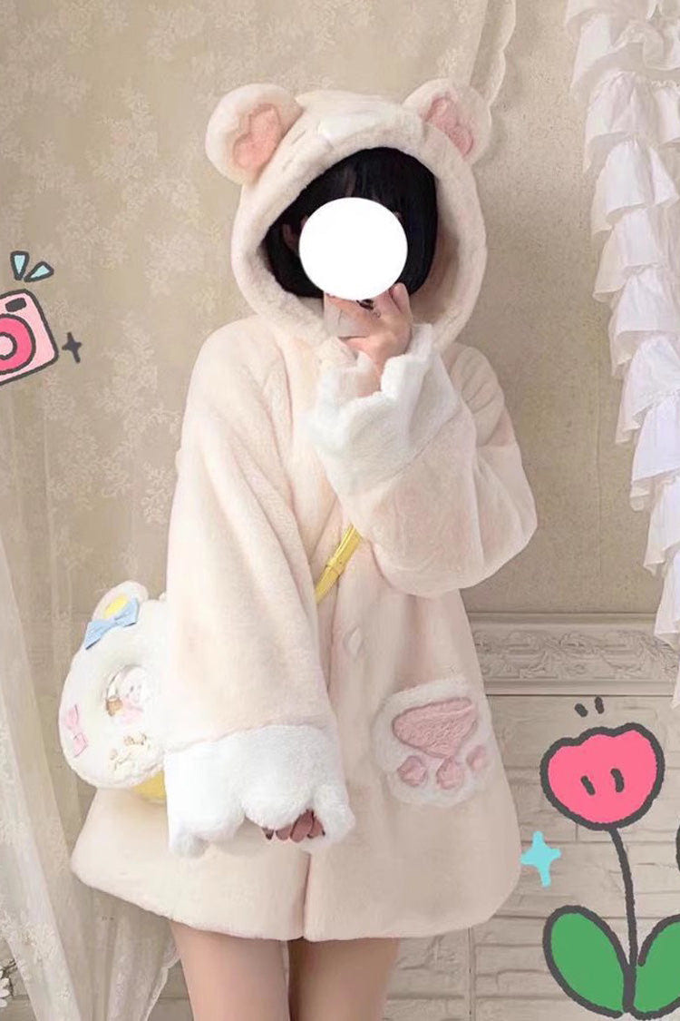 [Sleepy Bear] Long Sleeves Plush Thickened Hooded Sweet Lolita Coat 2 Colors - White - 1