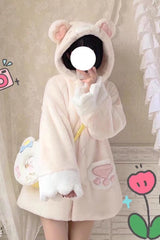 [Sleepy Bear] Long Sleeves Plush Thickened Hooded Sweet Lolita Coat 2 Colors - White - 1
