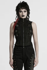 Black Stand Collar Stitching Mesh Buckle Women's Punk Vest - Black - 1