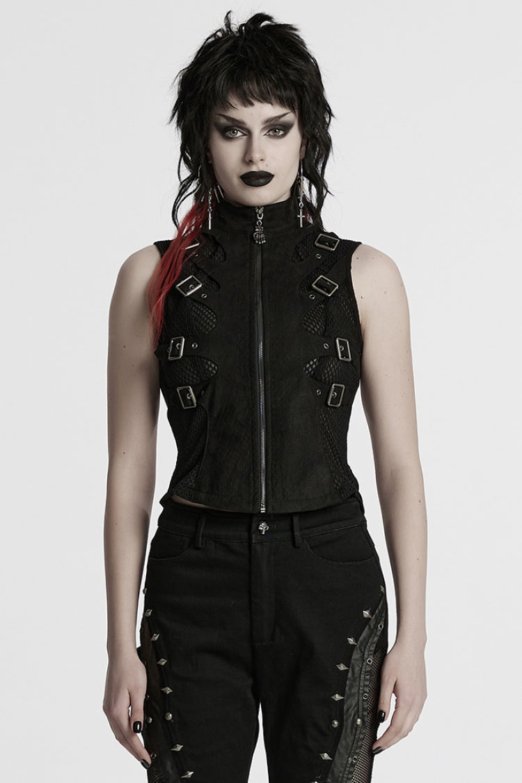 Black Stand Collar Stitching Mesh Buckle Women's Punk Vest - Black - 1