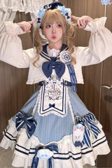 Blue/Ivory [Ride the Wind and Waves] Double-Layered Printed Ruffled Bow Lace Sweet Lolita Jsk Dress Set (Coat Included) - Product - 11