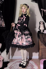 Black [The Case of the Missing Lamb] Print Ruffle Bowknot Lace Gothic Lolita Jsk Dress - Product - 5