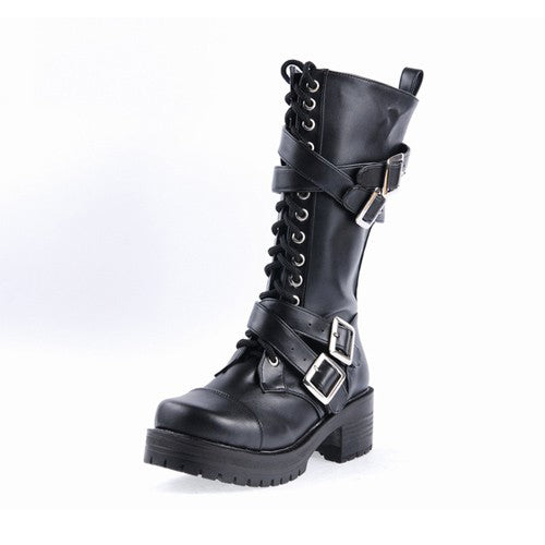 Black Stylish Patent Leather Straps Buckles Gothic Lolita Boots - Product - 6