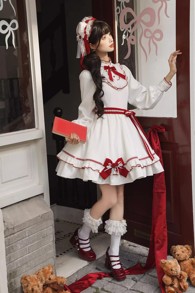 Red/White [Red Vow] Stand Collar Long Sleeves Multi-Layered Ruffled Bow Sweet Lolita Dress - Product - 4