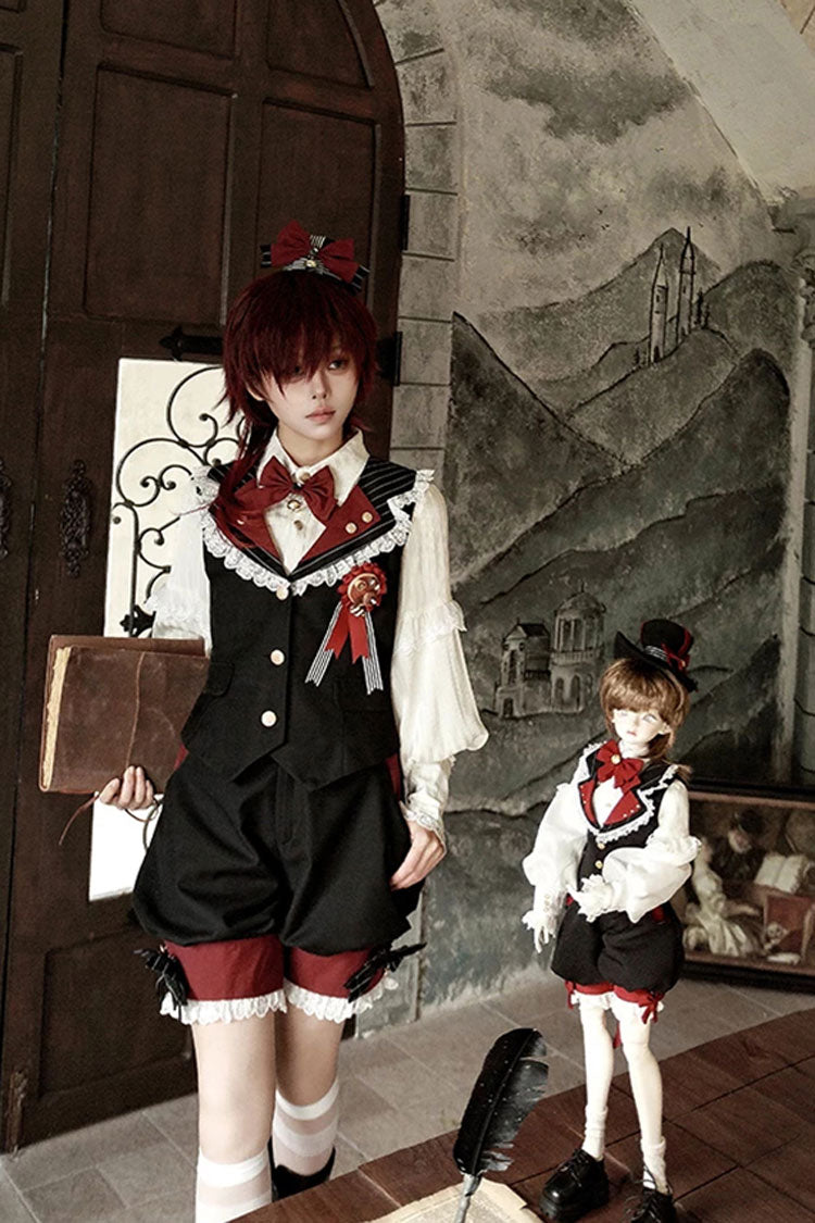 Red/Black [Candy Shop] V Collar Sleeveless Bow Lace Sweet Ouji Lolita Shorts Vest Set - Product - 9