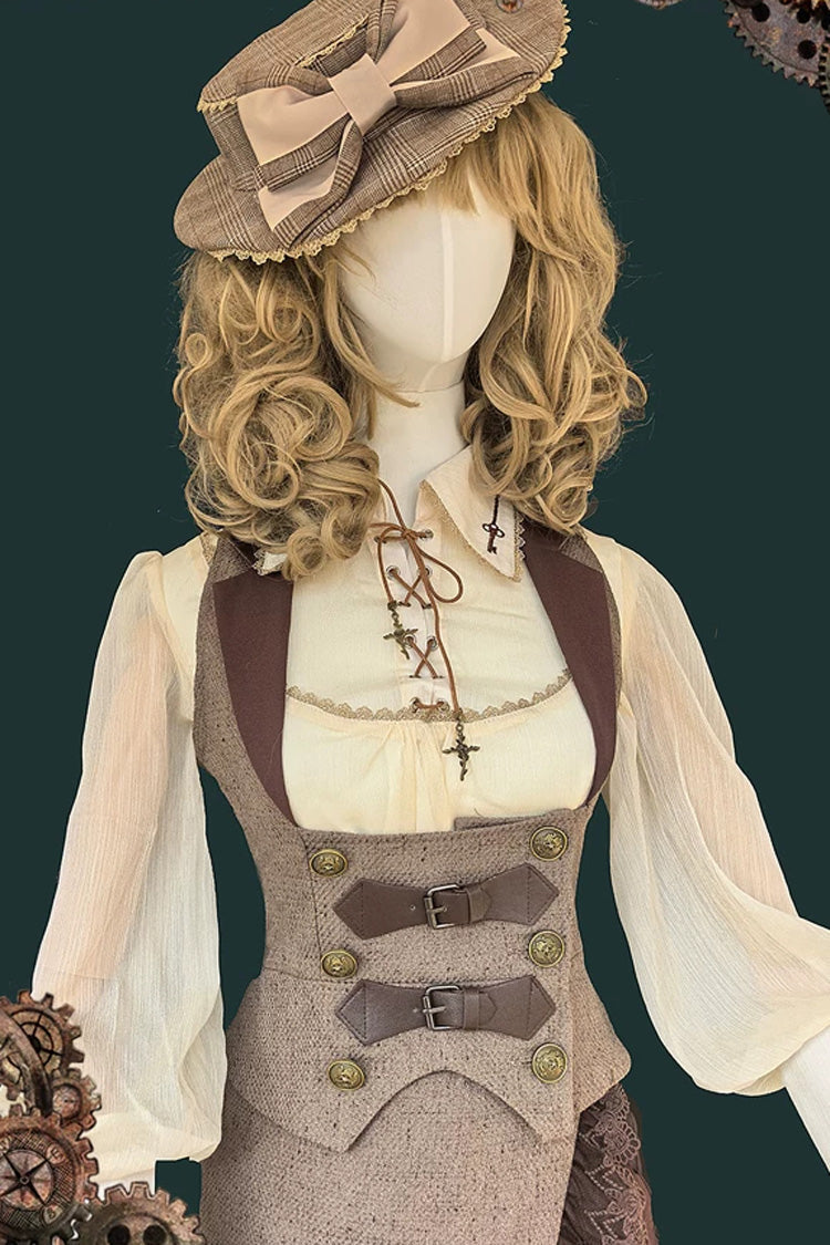 Coffee Brown [The Traveler] Sleeveless Ruffled Irregular Asymmetric Punk Lolita Skirt Set - Vest(Only) - 5