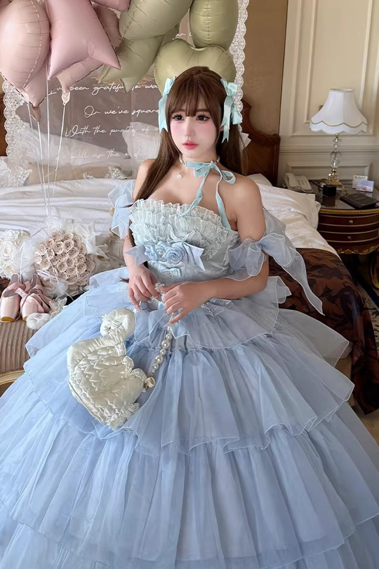 Blue [Mousse Love Song] Sleeveless Multi-Layered Ruffled Hanayome Bow Sweet Lolita Dress - Product - 4