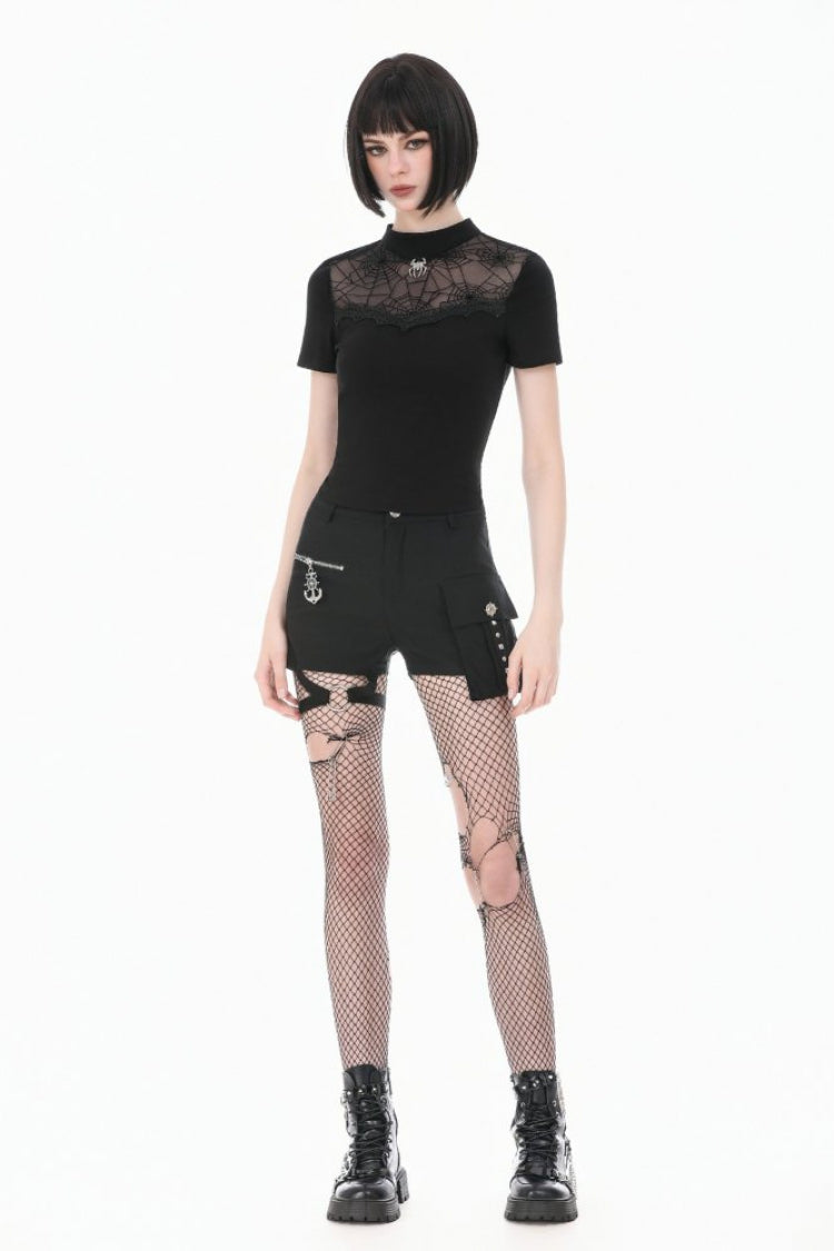 Black Short Sleeves Cut-Out Spider Cobweb Sheer Mesh Women's Gothic Top - Product - 8