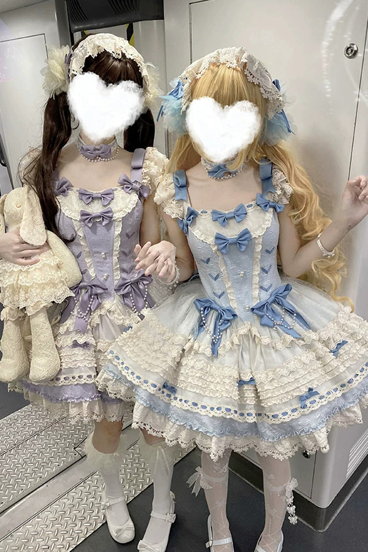 [Wind Chime Poem] Square Collar Flutter Sleeves Triple-Layered Printed Ruffled Bow Sweet Lolita Jsk Dress 4 Colors (Blue, Pink, Purple, Green) - Product - 11