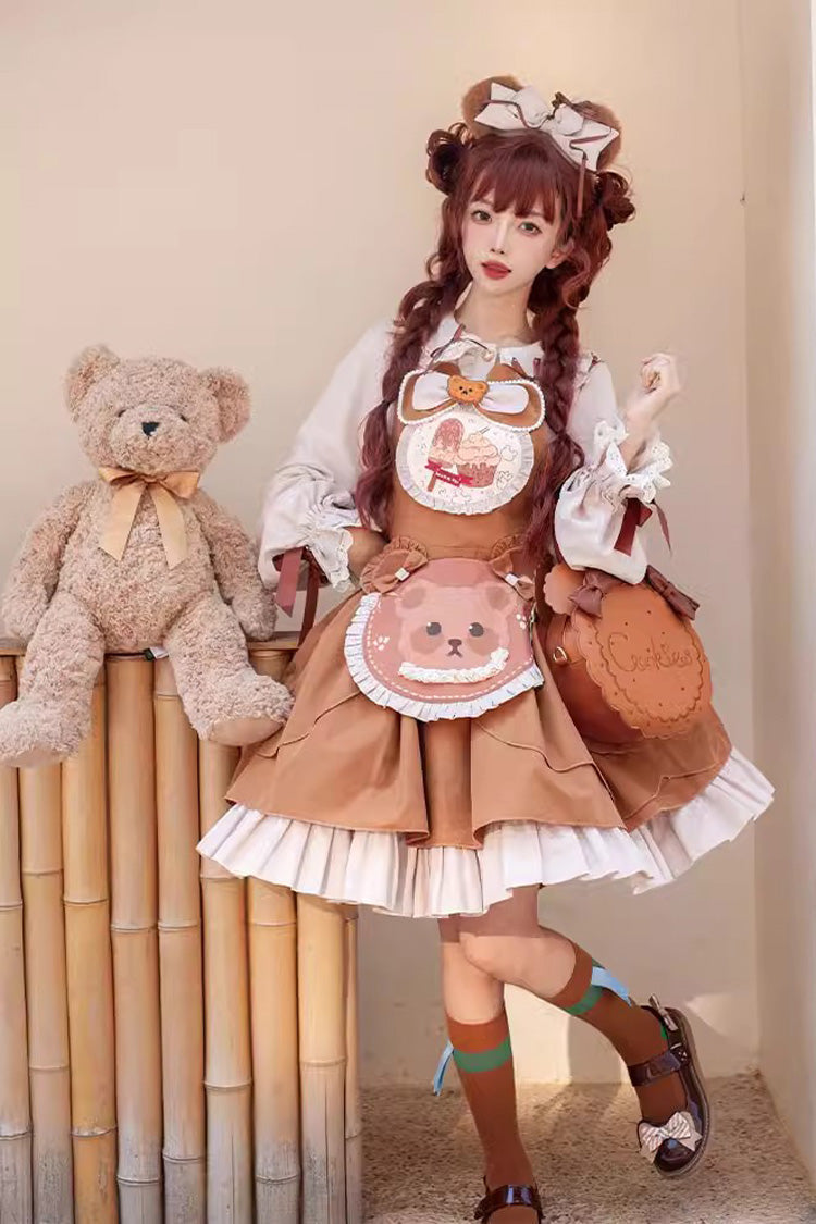 Brown Cookie Bear Multi-layer Print Ruffle Bowknot Sweet Lolita Dress - Brown - 1