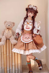 Brown Cookie Bear Multi-layer Print Ruffle Bowknot Sweet Lolita Dress - Brown - 1