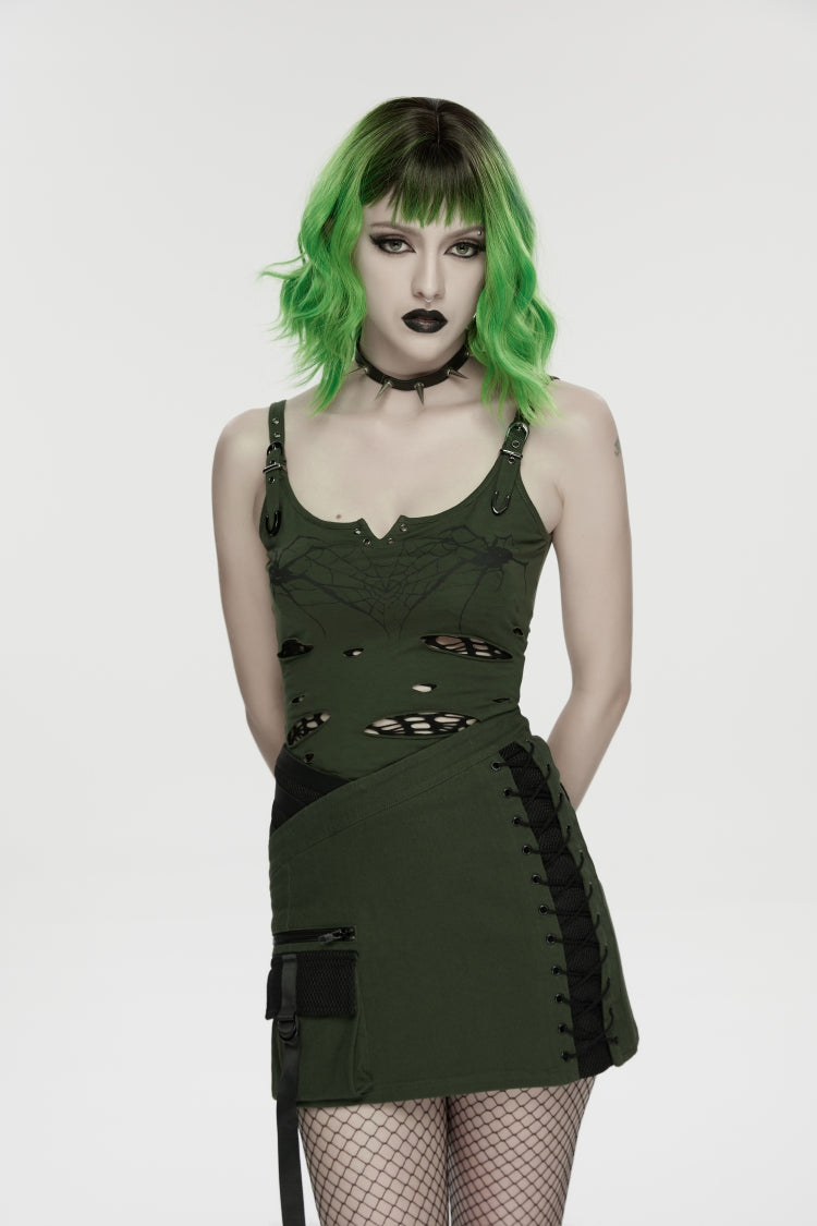 Black/Green Off Shoulder Slim Ripped Buckled Women's Punk Spiders&Web Printed  Vest - Black/Green - 6