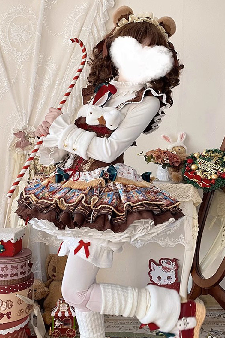 Brown [Candy House] Multi-Layered Print Ruffle Bowknot Lace-Up Sweet Ballet Lolita Jsk Dress - Product - 4