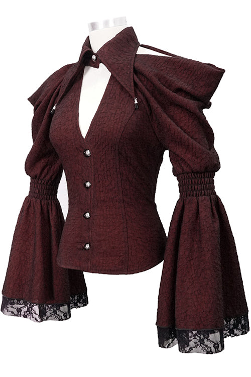 Red Off The Shoulder Trumpet Sleeves Sexy Womens Gothic Blouse - Product - 5
