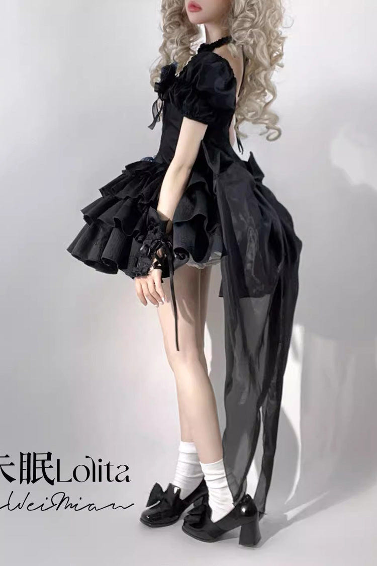 Black Halterneck Short Sleeves Multi-Layered Ruffle Bowknot Lace-Up Fishbone Gothic Lolita Dress - Product - 5