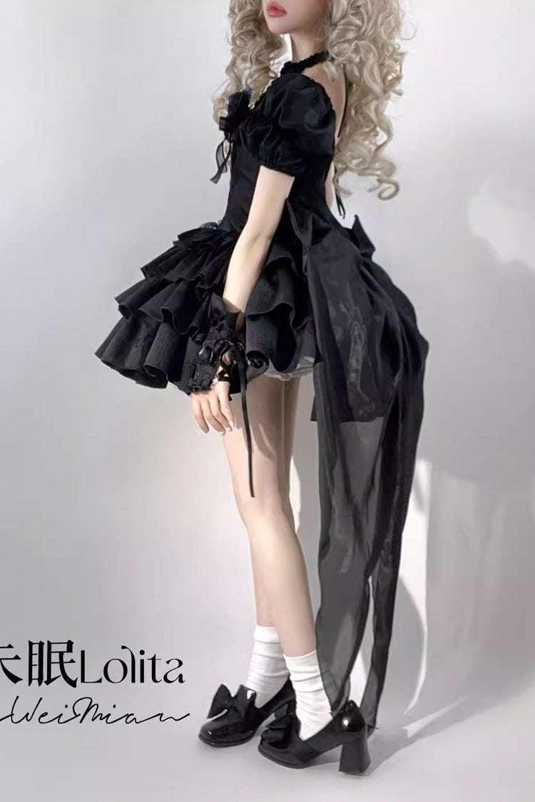 Black Halterneck Short Sleeves Multi-Layered Ruffle Bowknot Lace-Up Fishbone Gothic Lolita Dress - Product - 5