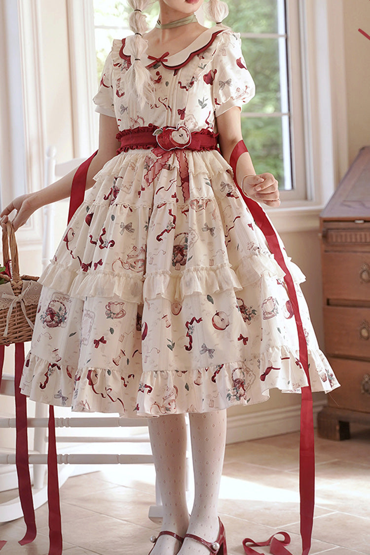 White Apple Tea Print Short Sleeves Country Style Ruffle Bowknot Sweet Lolita Dress (Plus Size Version) - Product - 4