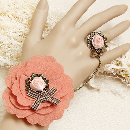 Pink Fashion Bow Rose Flower Hemp Rope Female Lolita Ring Bracelet - Product - 1