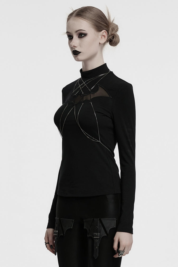 Black Stand Collar Long Sleeves Bat Stitching Mesh Chain Women's Gothic Blouse - Product - 2