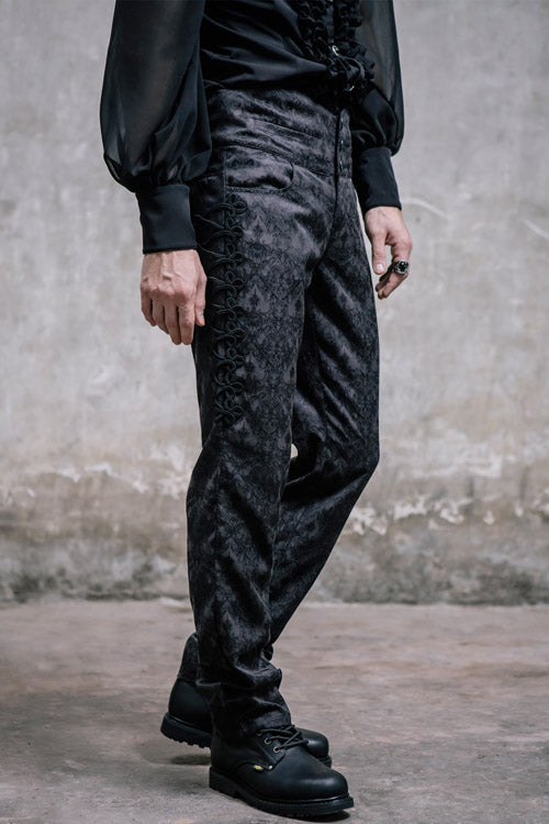Black Side Discoid Flowers Back Waist Lace Up Gothic Jacquard Mens Pants - Product - 3