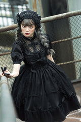 Black Elegant Round Collar Bowknot Short Sleeves High Waisted Gothic Lolita OP Dress - Product - 3