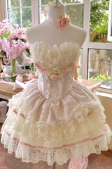 Pink Flower Goddess of Love Ruffle Bowknot Lace Sweet Elegant Lolita Skirt Dress Set - Pink - 1