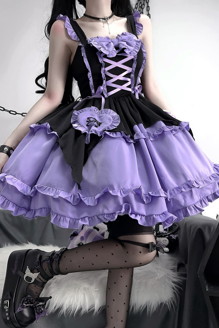 Black/Purple [Halloween Little Witch] Sleeveless Double-Layered Ruffle Bowknot Lace-Up Gothic Lolita Jsk Dress - Product - 3