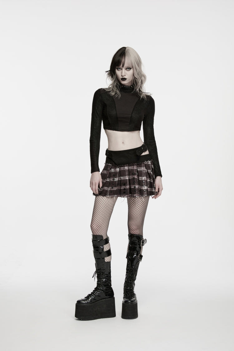 ブラック ハイネック 長袖 パッチワーク スリムフィット レディース パンク Cool Crop Top 商品画像