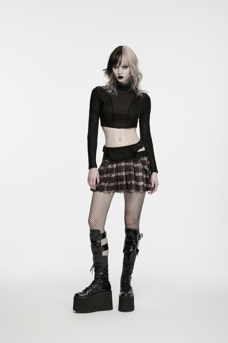 Black High Collar Long Sleeves Patchwork Slim Fit Women's Punk Cool Crop Top - Product - 4