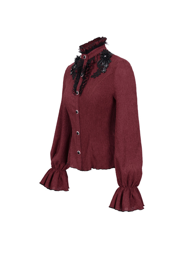 Red Lace High Neck Three Dimensional Embroidered Lantern Trumpet Sleeves Women's Gothic Shirt - Product - 8