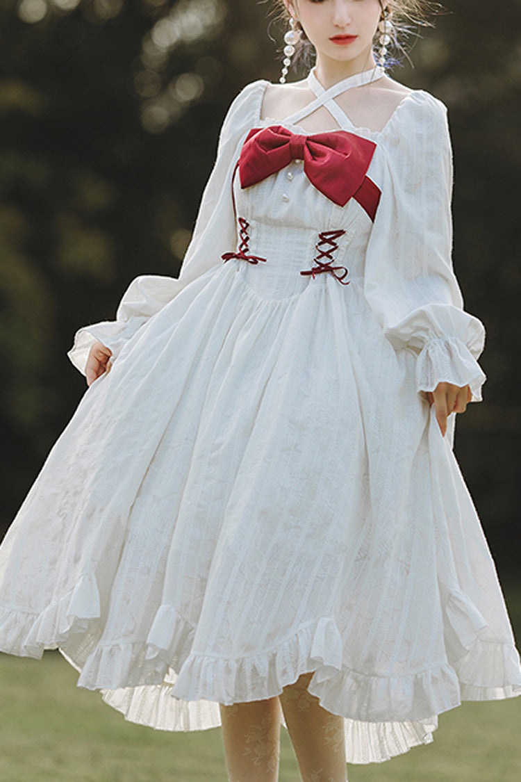 White Roman Covenant Boat Neck Long Sleeves Ruffle Classic Lolita Dress - White - 1