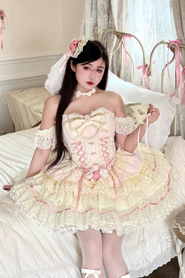 Pink [Sweet Tea Rose Dew] Triple-Layered Ruffle Bowknot Lace Gorgeous Sweet Lolita Skirt - Product - 2