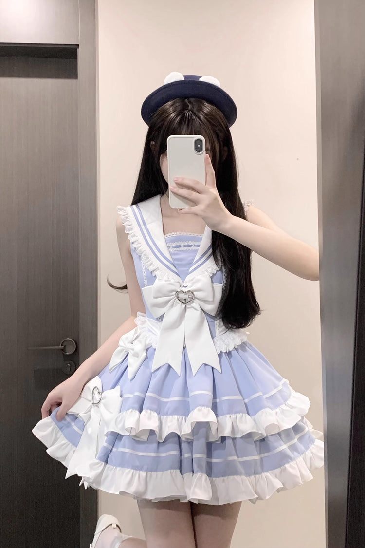 Light Blue Navy Style Sleeveless Double Layer Ruffle Bowknot Lace Sweet Lolita Dress - Product - 4