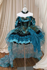 Blue/Green [Peacock Spirit Princess] Sleeveless Multi-Layered Ruffled Bow Lace-Up Classic Elegant Lolita Jsk Dress - Product - 13