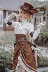 White/Brown Victorian Style Triple-Layered Striped Print Ruffle Classic Vintage Lolita Basil Skirt - Product - 7