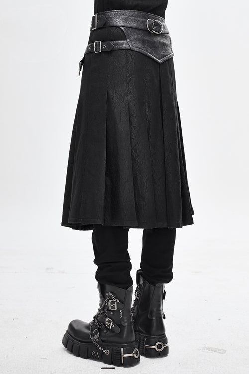 Black Punk Metallic Mist Textured Leather Waistband Grain Pleated Mens Kilts - Product - 3