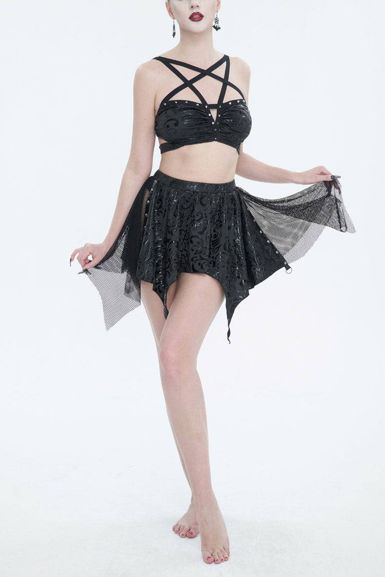 Black Pentagram Print Strap Two Piece Women's Gothic Swimsuit - Black - 1