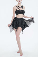 Black Pentagram Print Strap Two Piece Women's Gothic Swimsuit - Black - 1