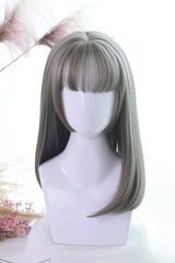 Natural Hair-tail Medium Long Straight Hair Classic Lolita Wigs - Grey - 2