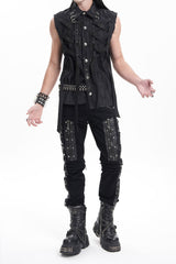 Black Stitching Eyelets Chains Studs Men's Gothic Pants - Product - 6