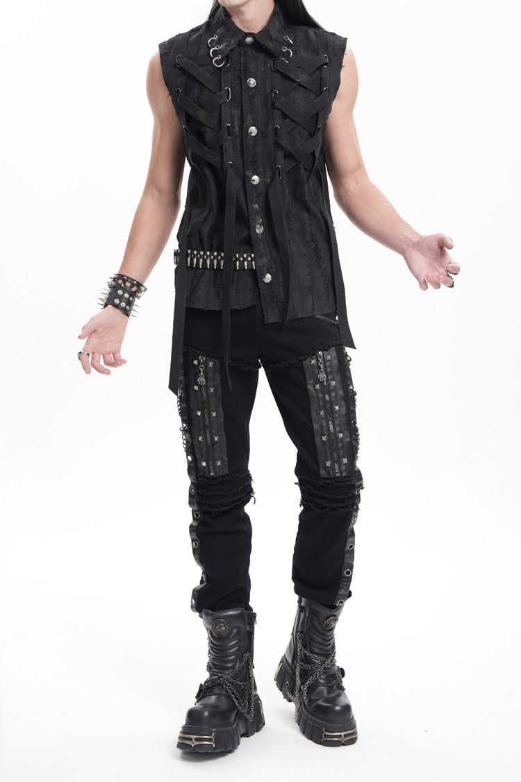 Black Stitching Eyelets Chains Studs Men's Gothic Pants - Product - 6