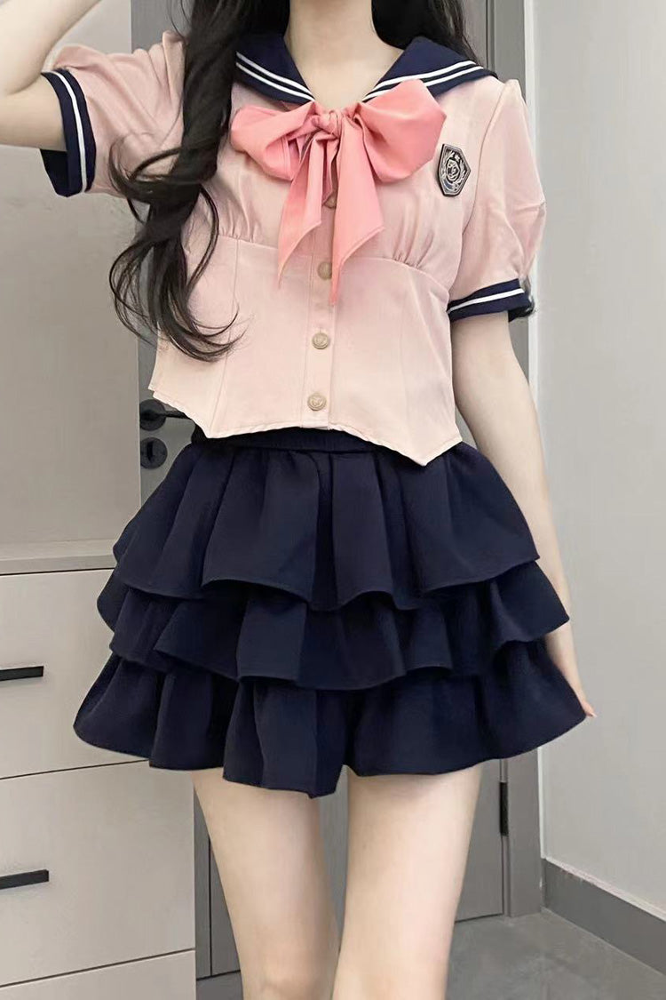 Short Sleeves Multi-layer Ruffle Bowknot Sweet College Style Japanese School Skirt Set 4 Colors - Product - 3