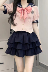 Short Sleeves Multi-layer Ruffle Bowknot Sweet College Style Japanese School Skirt Set 4 Colors - Product - 3