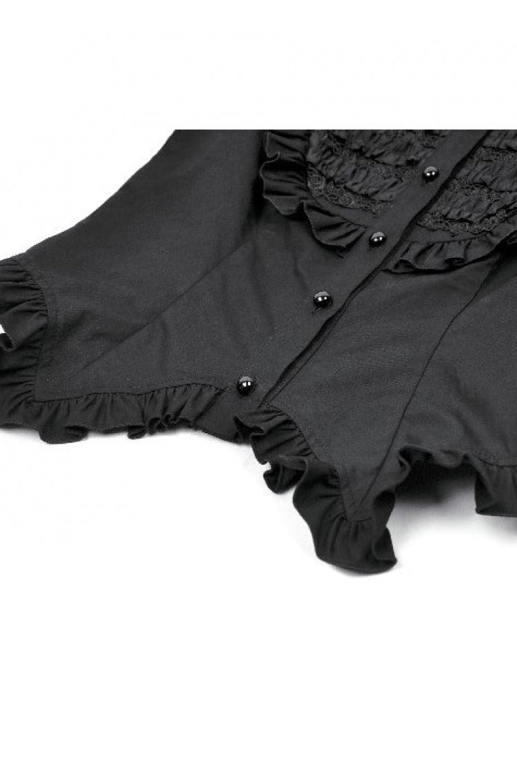 Black Pointed Turn‑down Collar Ruffled Short Puff Sleeves Pleated Women's Gothic Victorian Slim Blouse - Product - 13