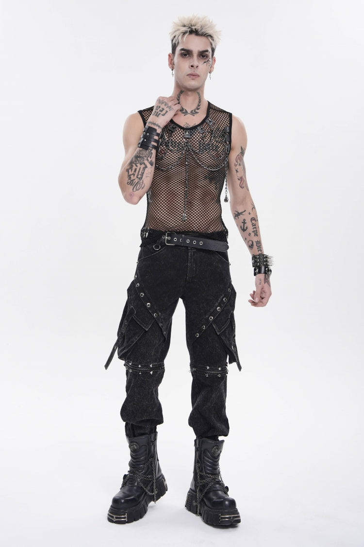 Black Round Collar Sleeveless Slim Sheer Mesh Studded Eyelet Men's Punk Handsome Vest - Product - 6