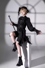 Black [Eternal City] Long Sleeves Lace Gothic Prince Medieval Ouji Lolita Blouse Knee-Length Shorts Set - Product - 4